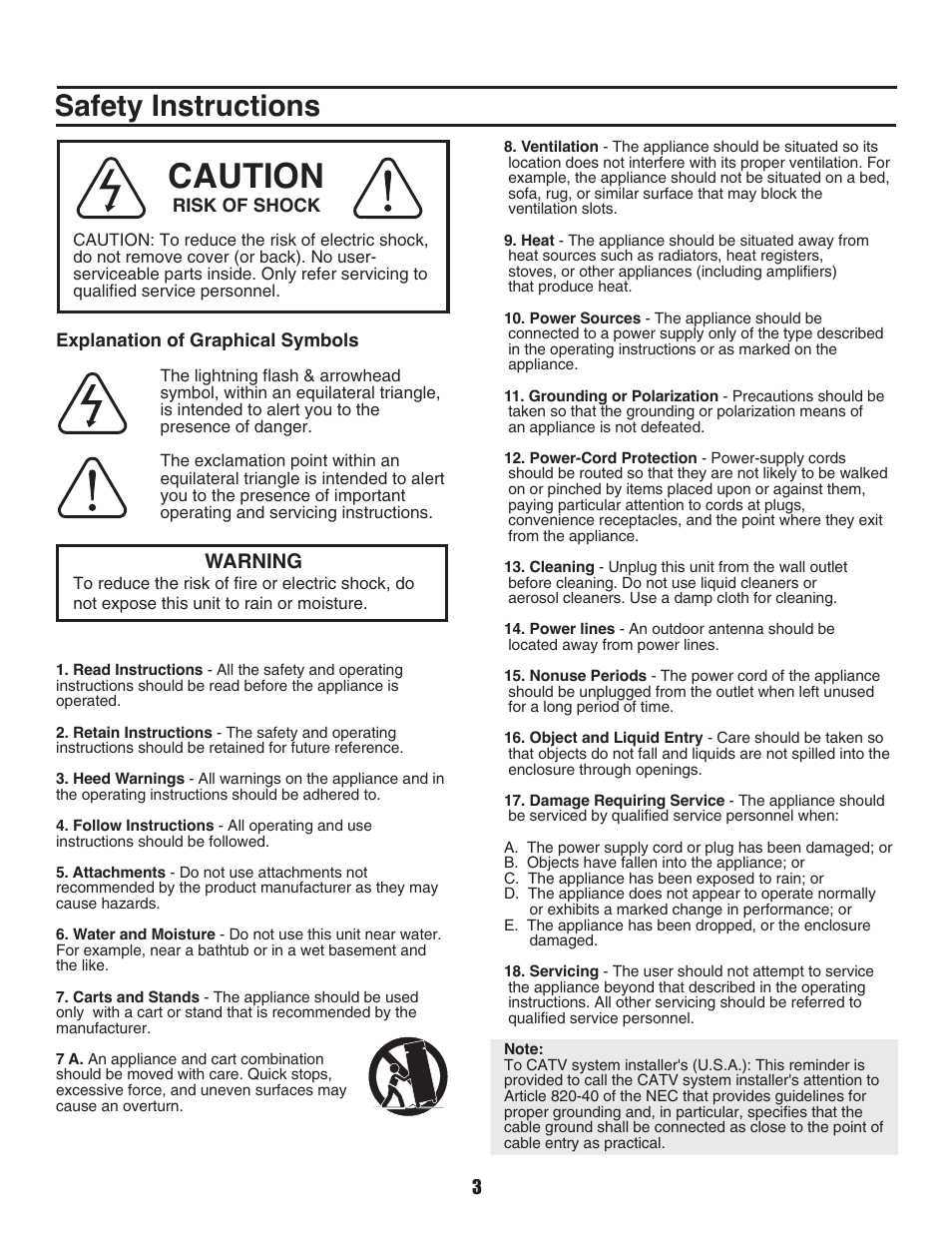 Caution, Safety instructions, Warning | VocoPro DVD-Duet Digital Key Control DVD/CD/CDC Dual Cassette Karaoke System User Manual | Page 3 / 22