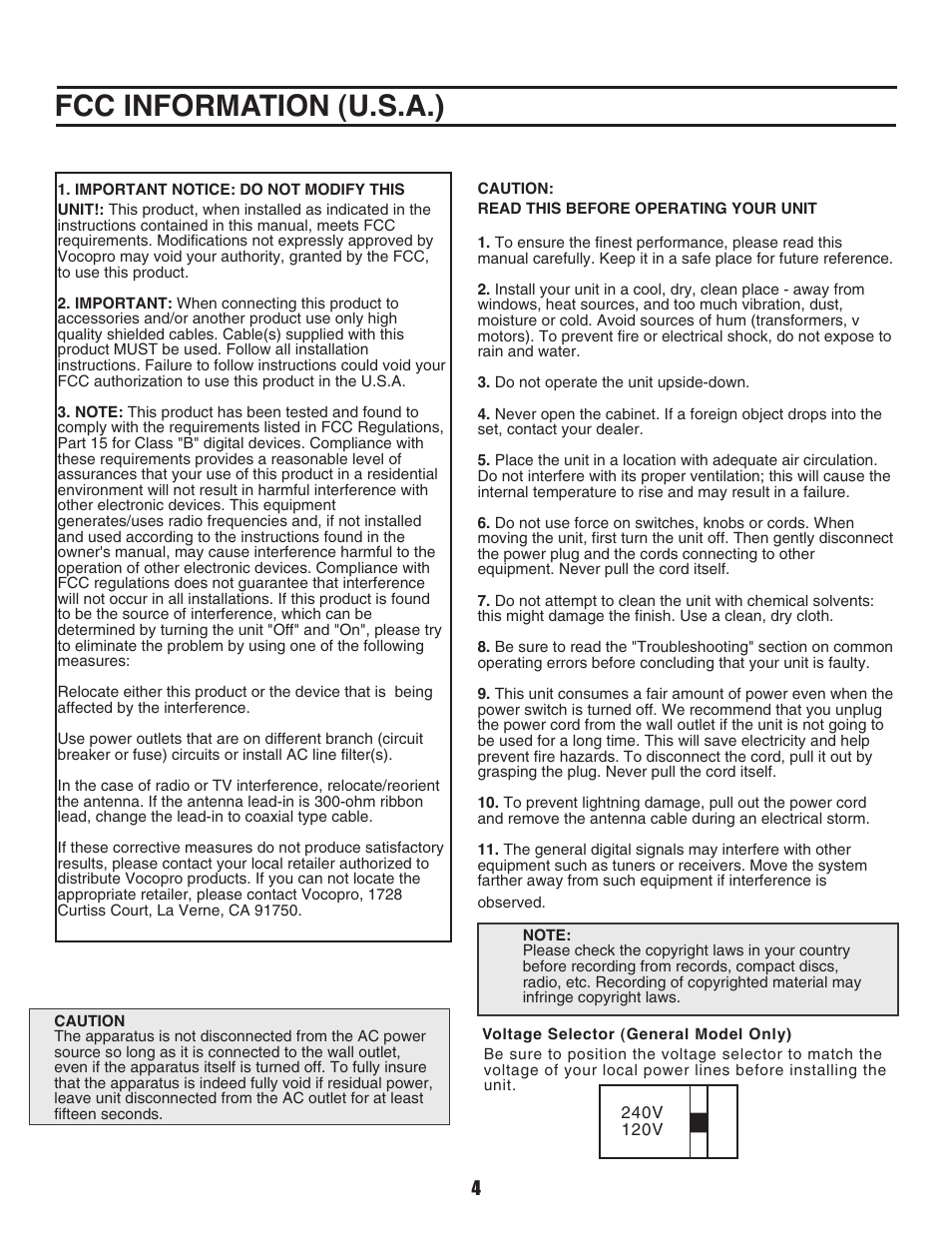 Fcc information (u.s.a.) | VocoPro DVD-Duet Digital Key Control DVD/CD/CDC Dual Cassette Karaoke System User Manual | Page 4 / 22