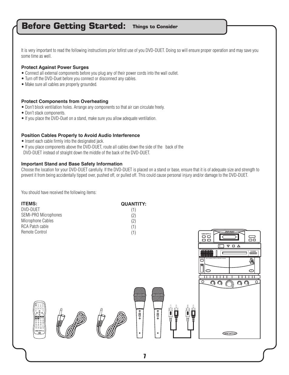 Before getting started | VocoPro DVD-Duet Digital Key Control DVD/CD/CDC Dual Cassette Karaoke System User Manual | Page 7 / 22