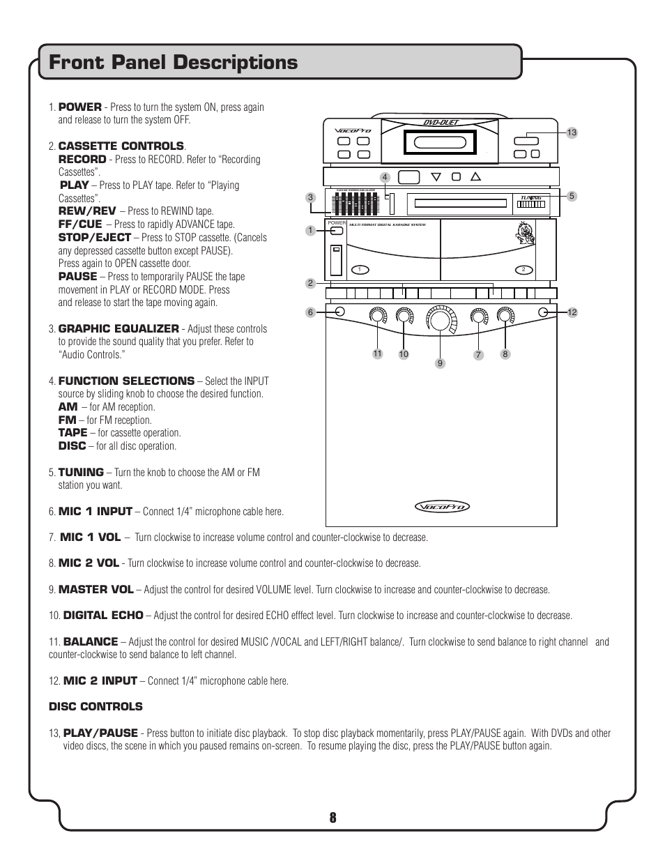 Front panel descriptions | VocoPro DVD-Duet Digital Key Control DVD/CD/CDC Dual Cassette Karaoke System User Manual | Page 8 / 22