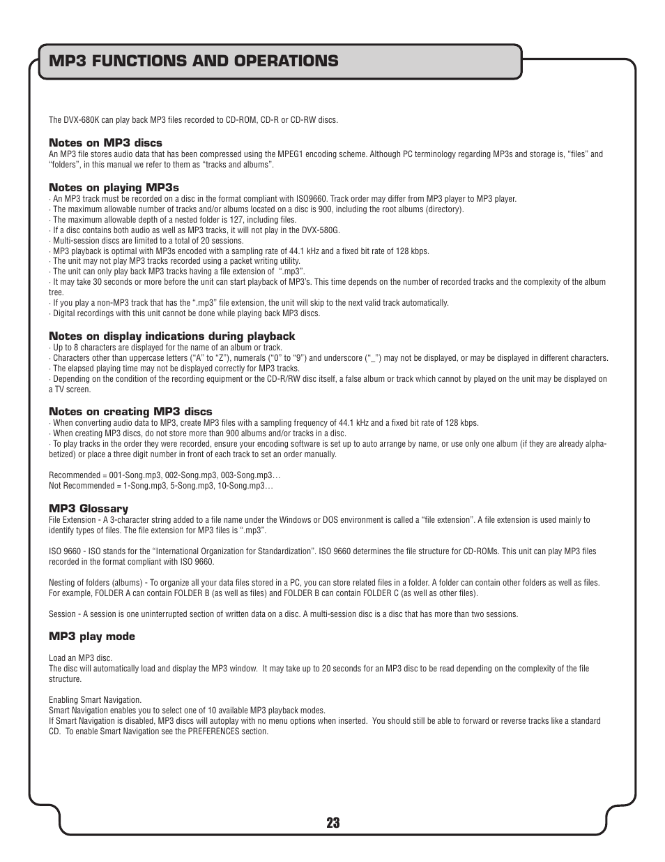 Mp3 functions and operations | VocoPro DVX-680K User Manual | Page 23 / 27