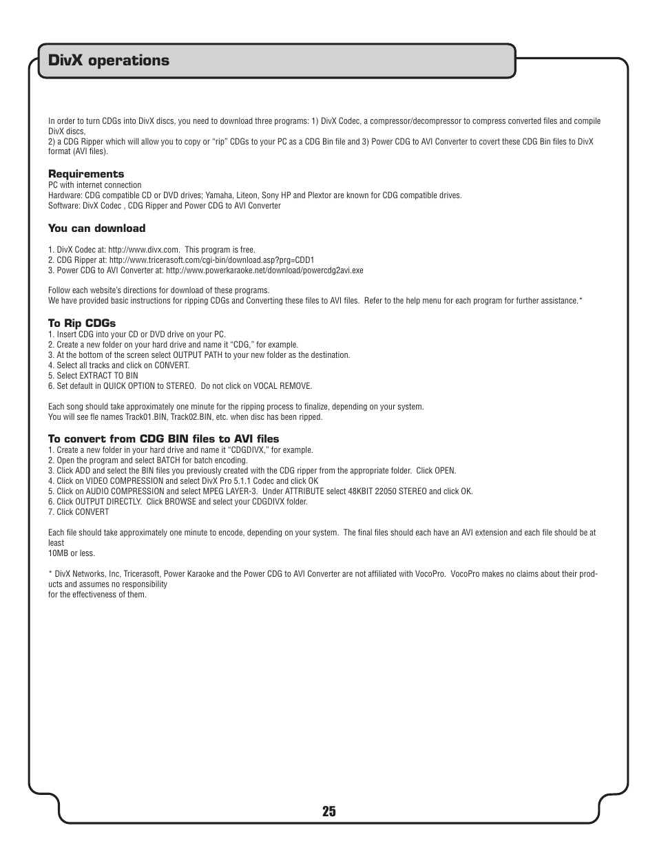 Divx operations | VocoPro DVX-680K User Manual | Page 25 / 27