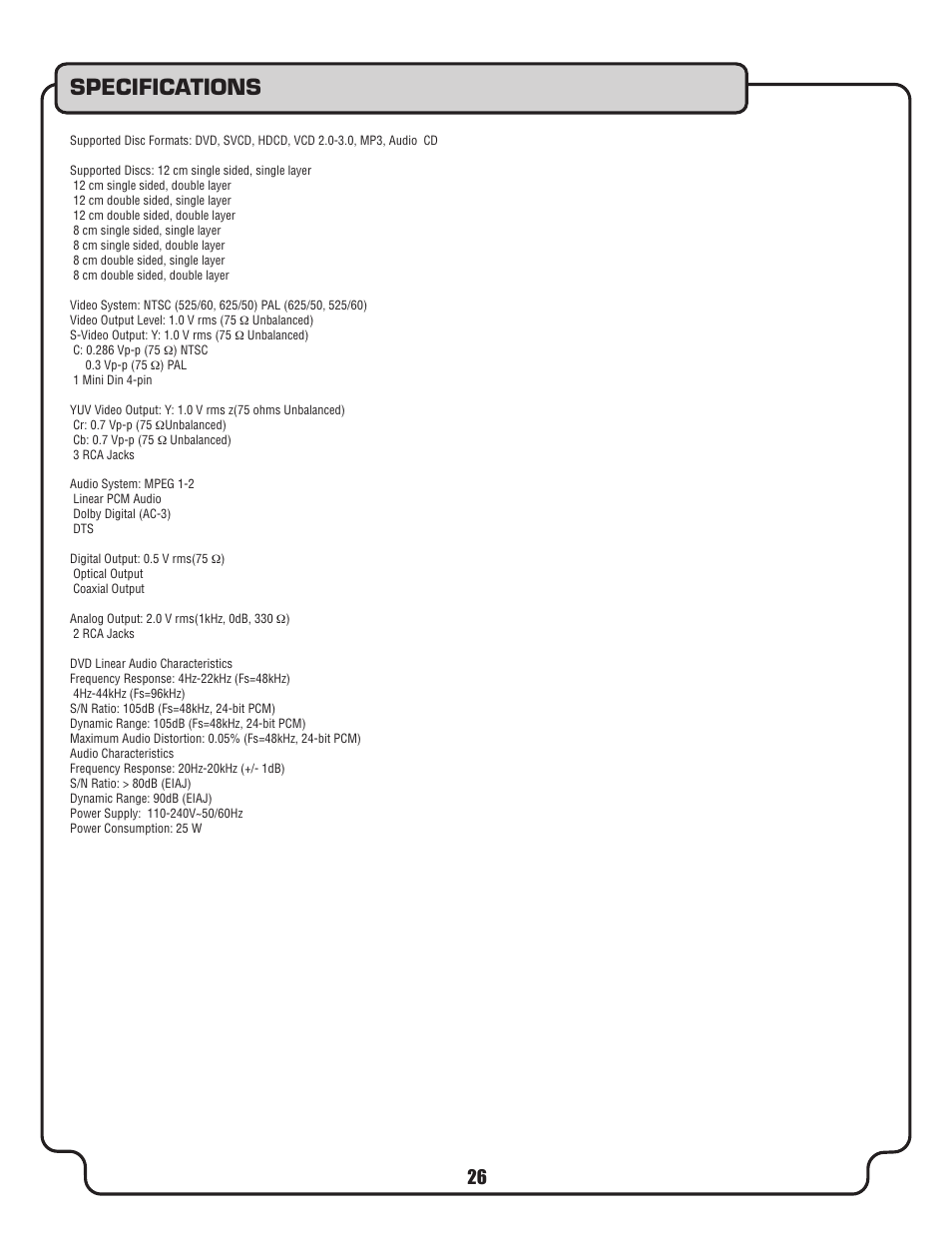 Specifications | VocoPro DVX-680K User Manual | Page 26 / 27