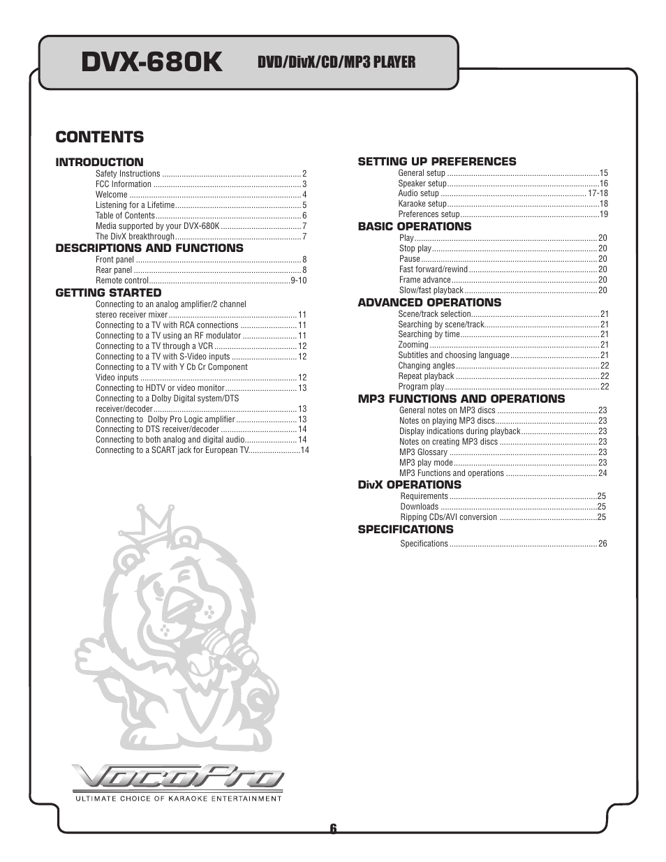 Dvx-680k, Dvd/divx/cd/mp3 player contents | VocoPro DVX-680K User Manual | Page 6 / 27