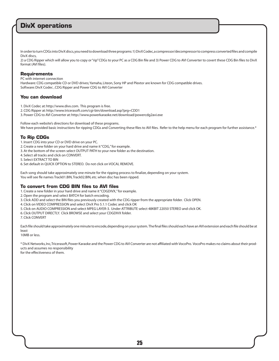 Divx operations | VocoPro DVX-580G User Manual | Page 25 / 27
