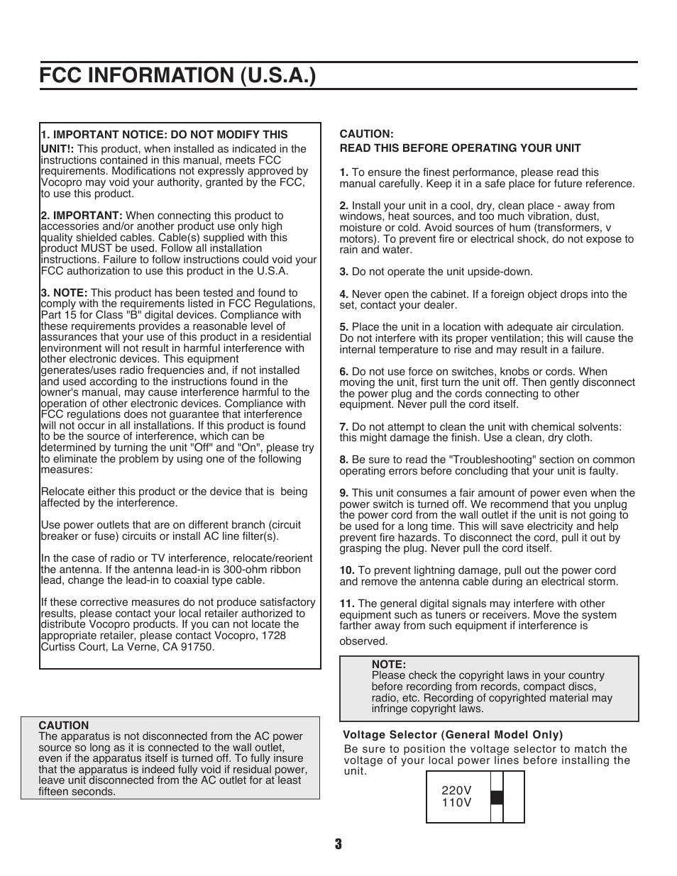 Fcc information (u.s.a.) | VocoPro DVX-580G User Manual | Page 3 / 27