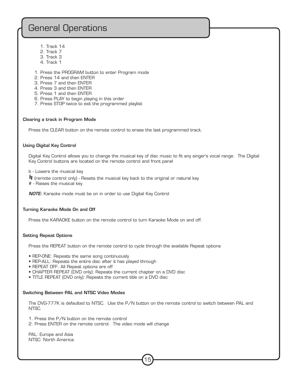 General operations | VocoPro DVG-777K User Manual | Page 15 / 28