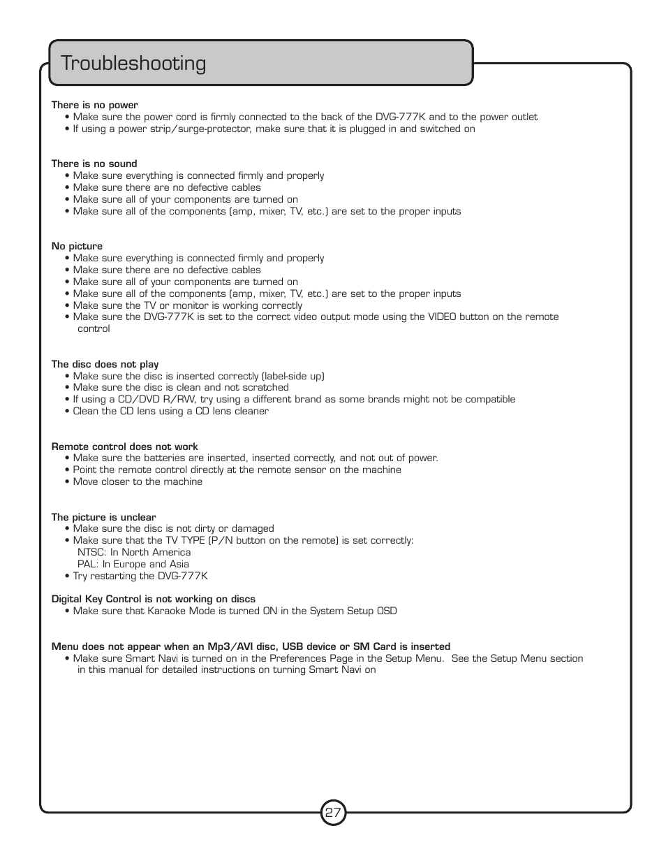 Troubleshooting | VocoPro DVG-777K User Manual | Page 27 / 28