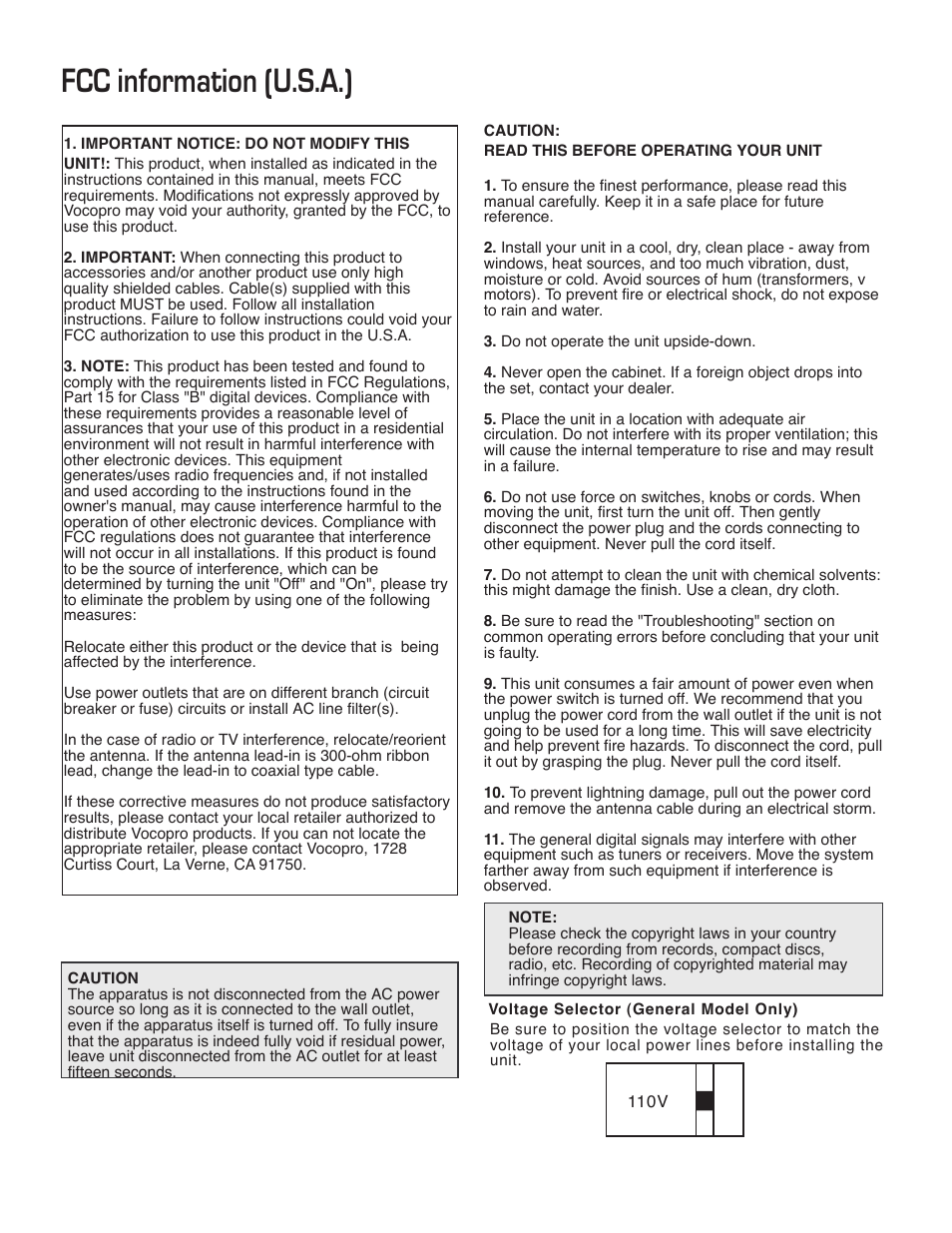 Fcc information (u.s.a.) | VocoPro DVG-777K User Manual | Page 4 / 28