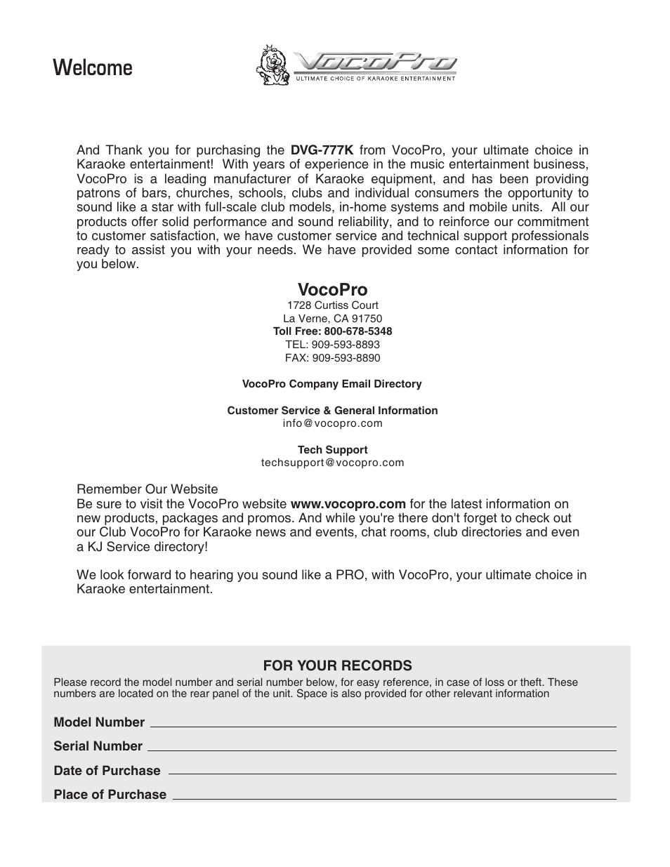 Welcome, Vocopro | VocoPro DVG-777K User Manual | Page 5 / 28