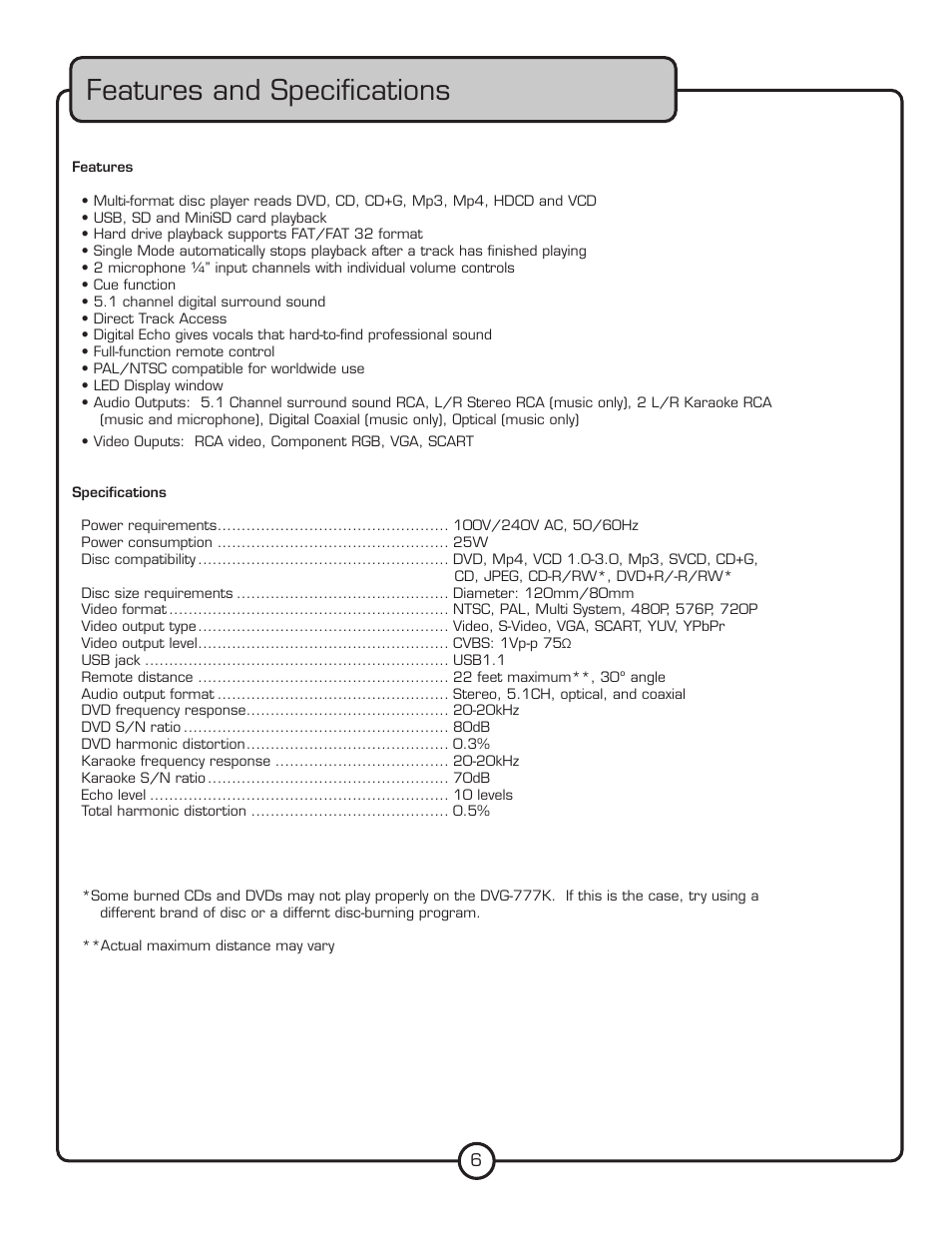 Features and speciﬁcations | VocoPro DVG-777K User Manual | Page 6 / 28
