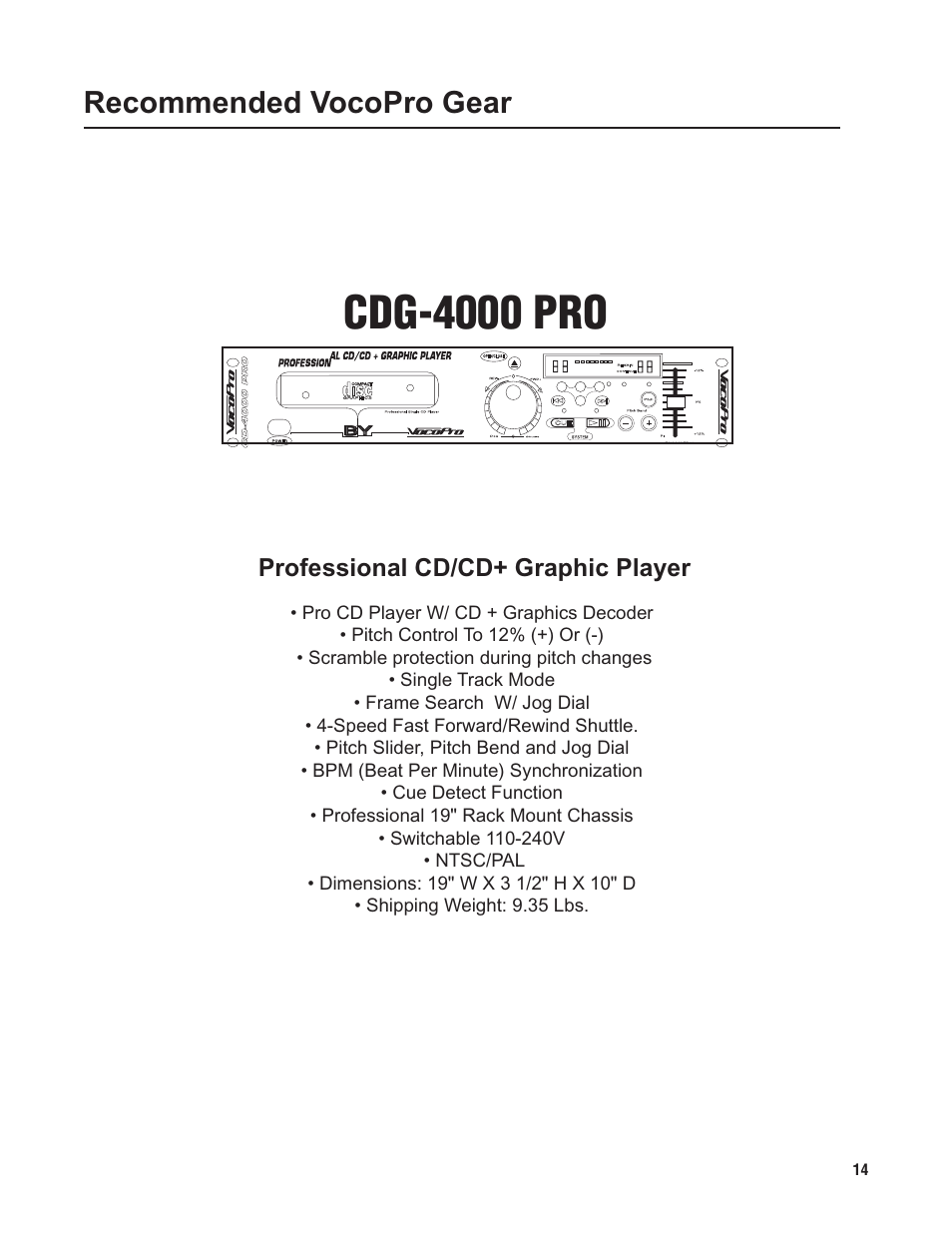 Pg 14 gear.pdf, Cdg-4000 pro, Recommended vocopro gear | Professional cd/cd+ graphic player | VocoPro DA-X888RV24 User Manual | Page 16 / 19