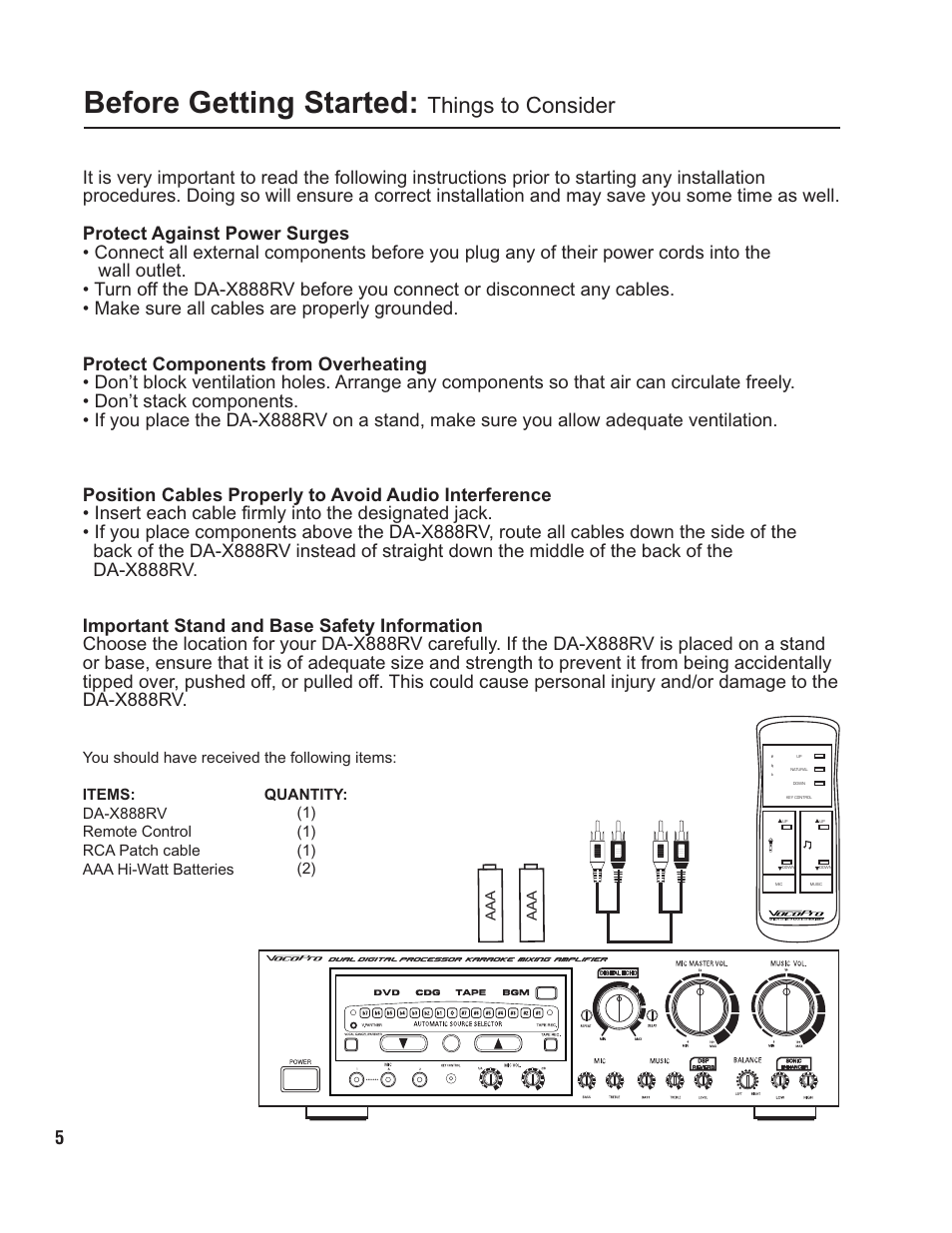 Pg 05 getting started.pdf, Before getting started, Things to consider | VocoPro DA-X888RV24 User Manual | Page 7 / 19