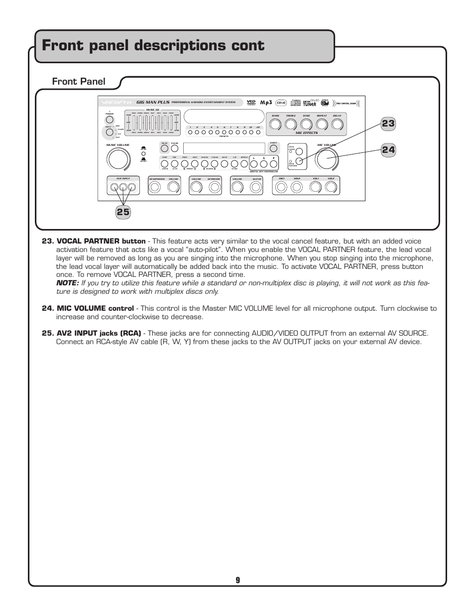 Front panel descriptions cont, Front panel | VocoPro Voco user guide portable speaker User Manual | Page 10 / 29