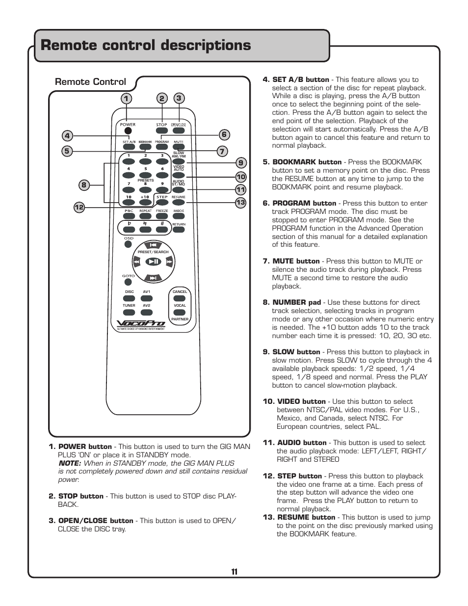 Remote control descriptions, Remote control | VocoPro Voco user guide portable speaker User Manual | Page 12 / 29