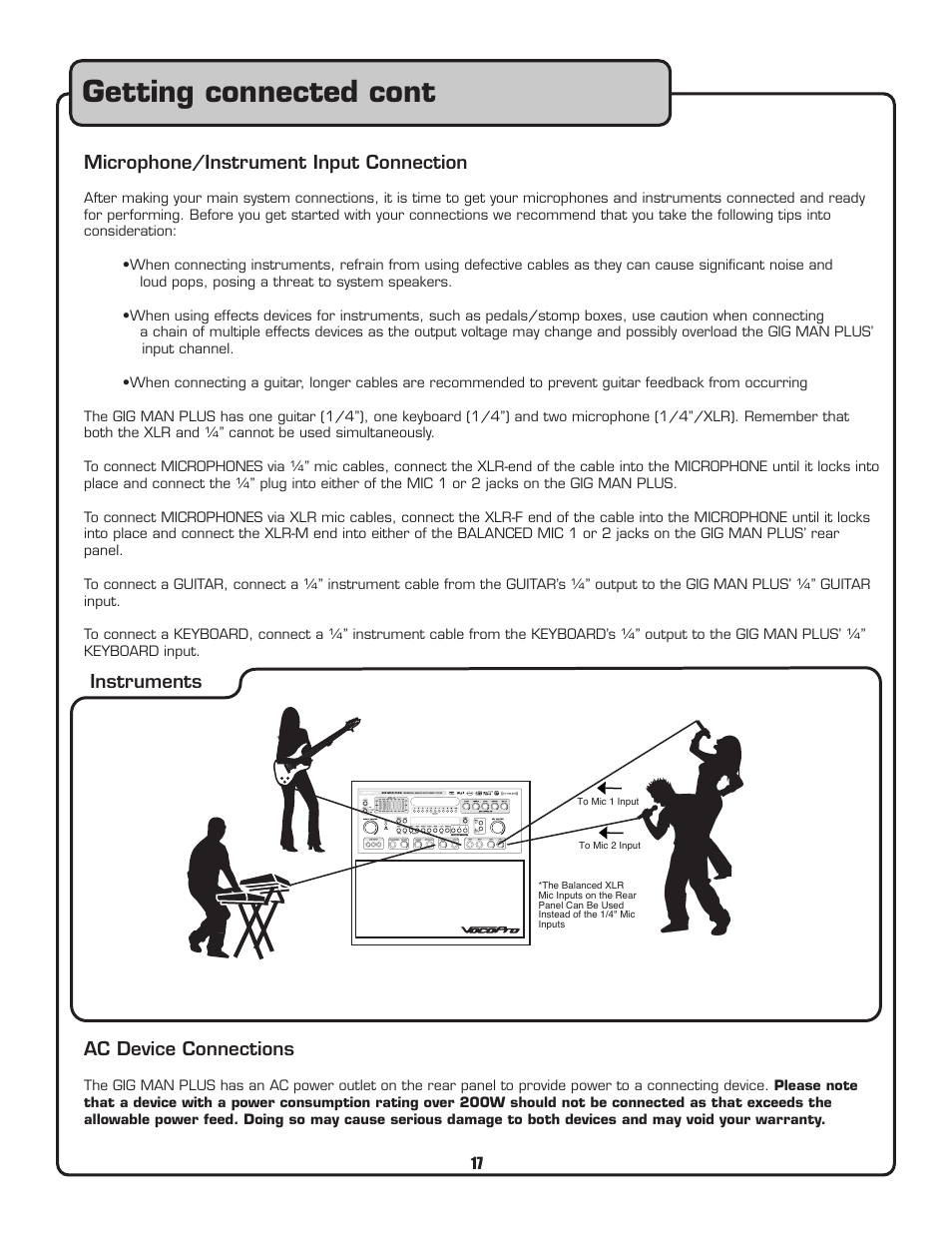 Getting connected cont, Microphone/instrument input connection, Ac device connections | Instruments | VocoPro Voco user guide portable speaker User Manual | Page 18 / 29