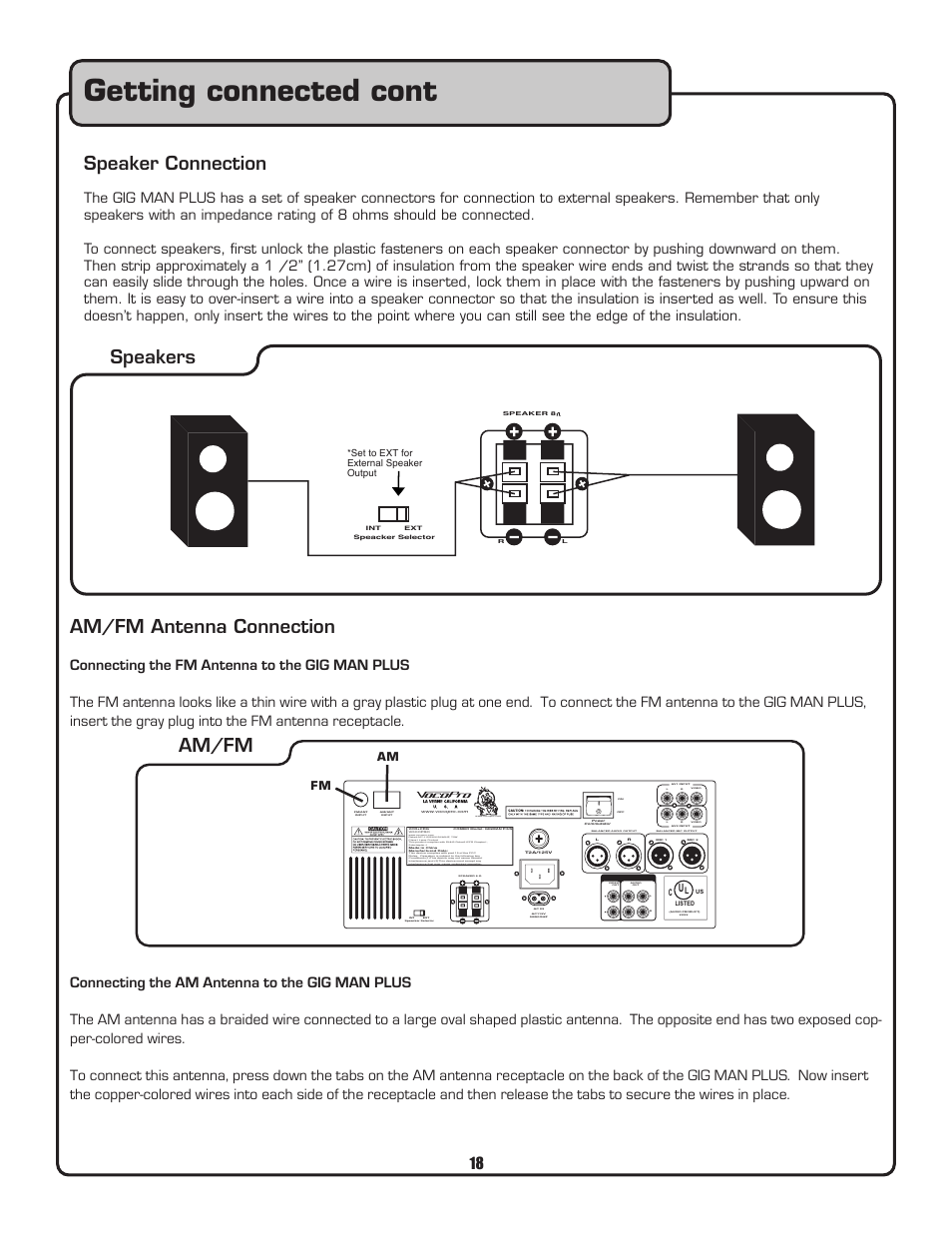 Getting connected cont, Am/fm antenna connection, Speaker connection | Speakers am/fm, Video, Balanced audio output balanced mic output | VocoPro Voco user guide portable speaker User Manual | Page 19 / 29