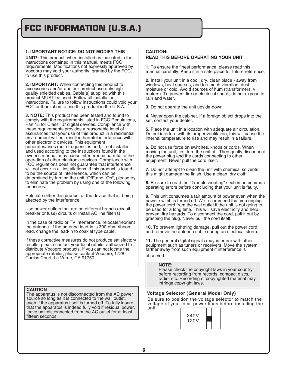 Caution, Fcc information (u.s.a.), Safety instructions | Warning | VocoPro Voco user guide portable speaker User Manual | Page 4 / 29