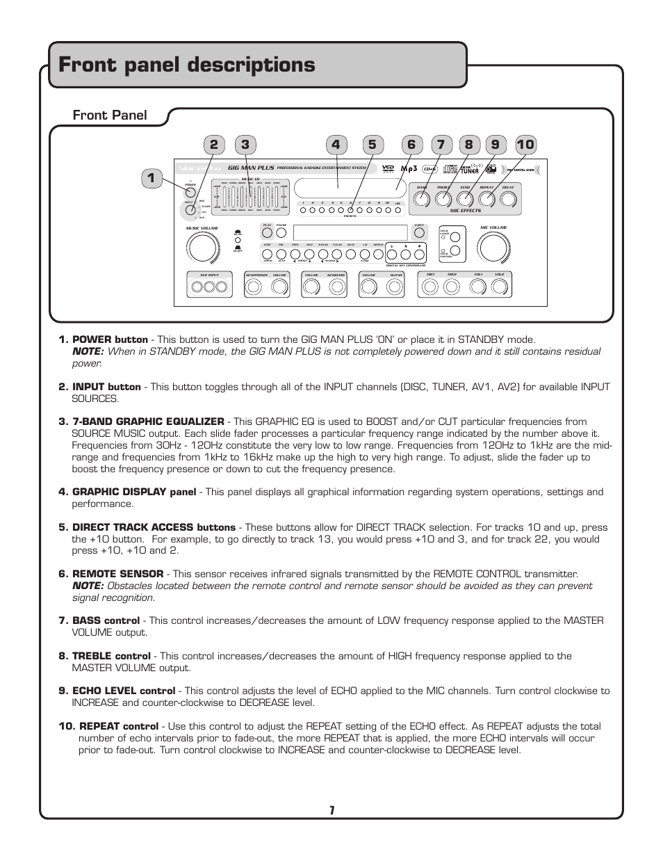 Front panel descriptions, Front panel | VocoPro Voco user guide portable speaker User Manual | Page 8 / 29