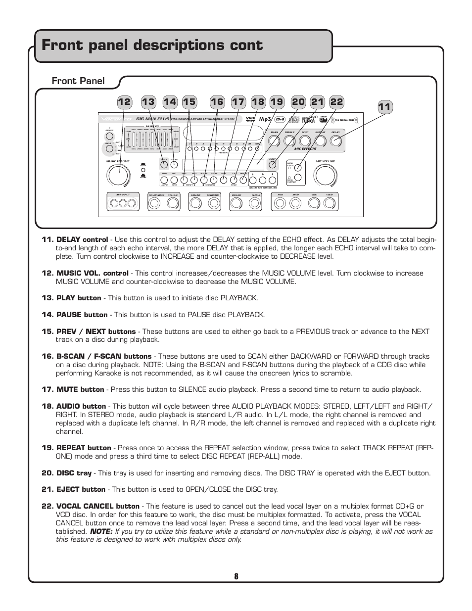 Front panel descriptions cont, Front panel | VocoPro Voco user guide portable speaker User Manual | Page 9 / 29