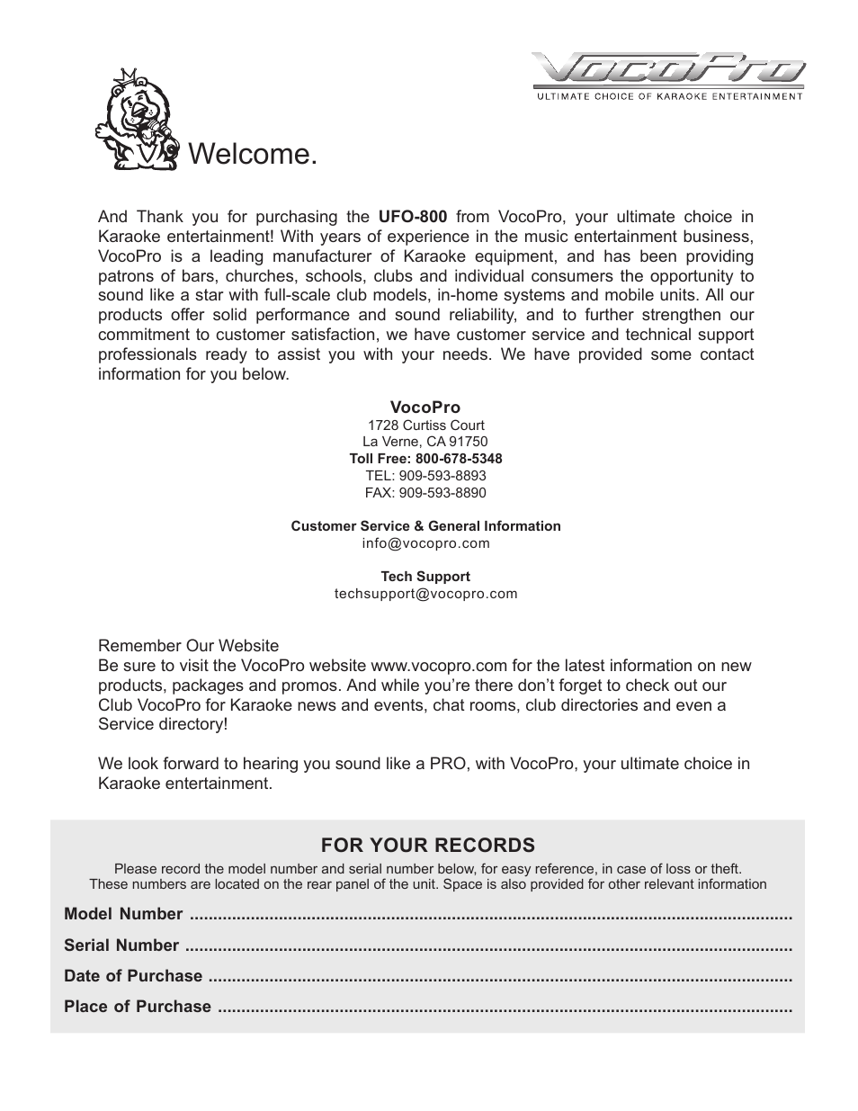 Welcome, For your records | VocoPro UFO-800 User Manual | Page 2 / 8