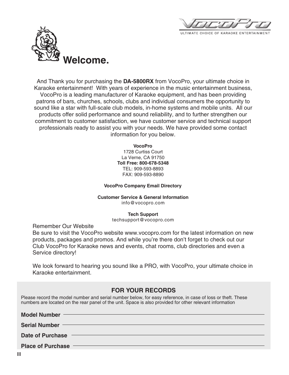 Welcome | VocoPro PREAMPLIFIER DA-5800RX User Manual | Page 4 / 19