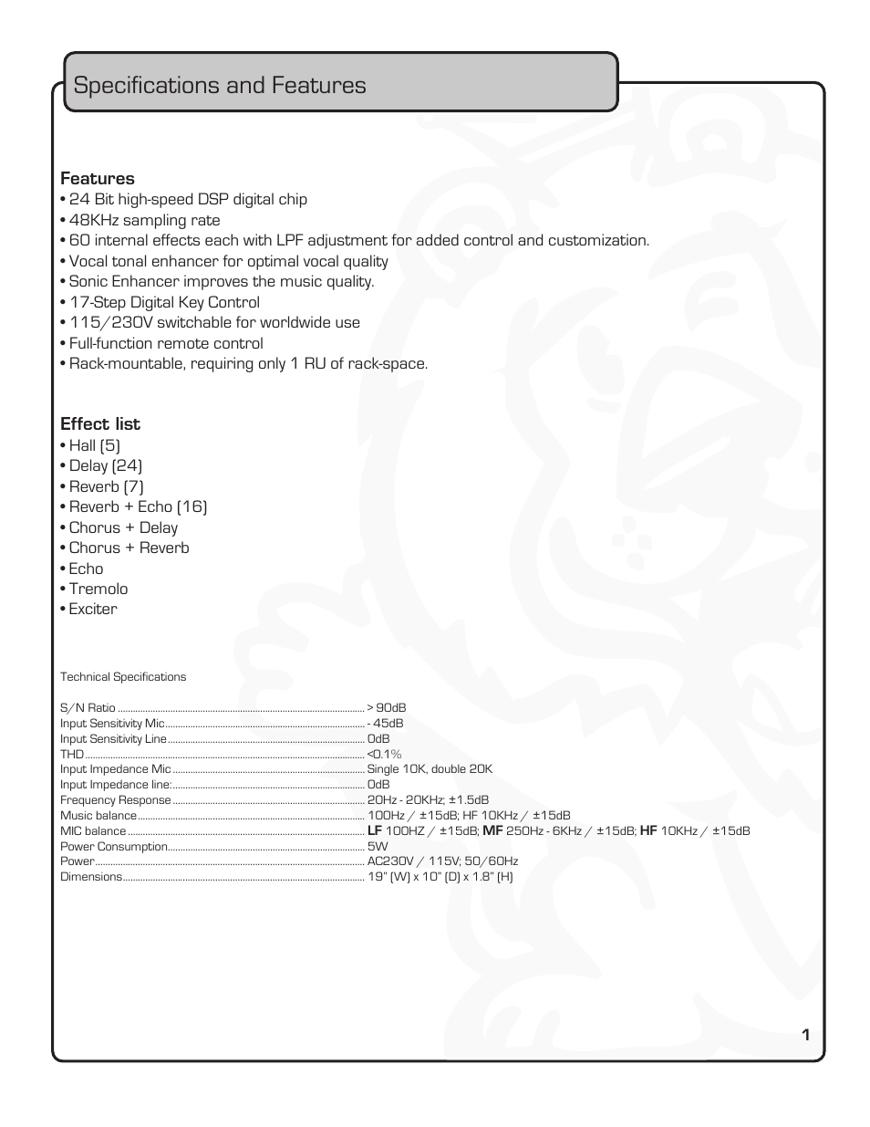 Specifications and features | VocoPro PREAMPLIFIER DA-5800RX User Manual | Page 7 / 19