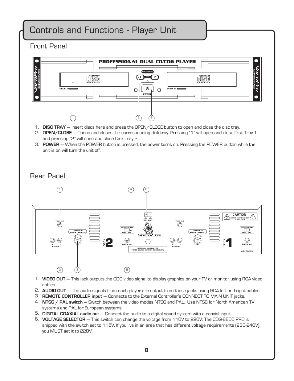 Controls and functions - player unit, Front panel rear panel | VocoPro CDG-8800PRO User Manual | Page 10 / 17