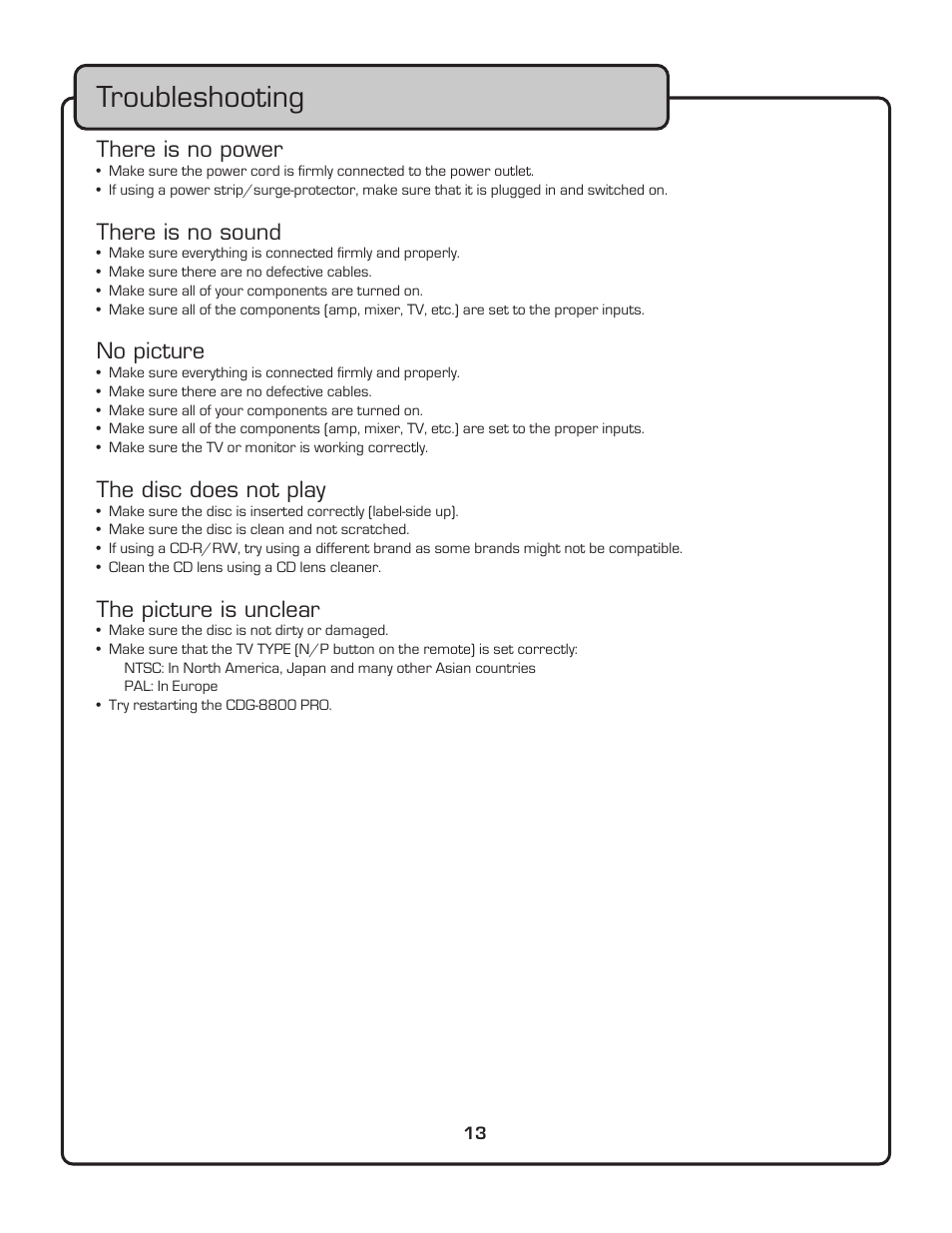 Troubleshooting | VocoPro CDG-8800PRO User Manual | Page 15 / 17