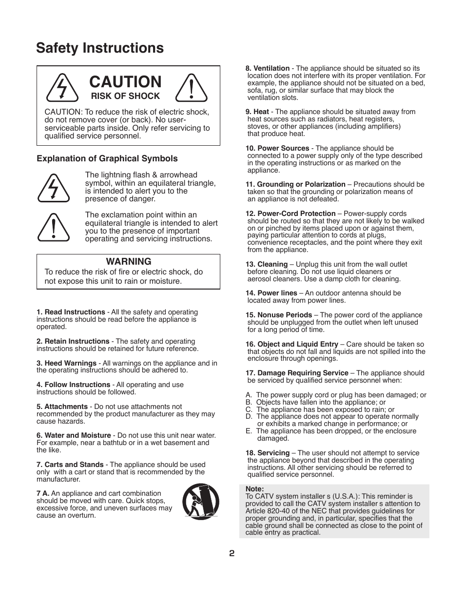 Caution, Safety instructions, Warning | VocoPro CDG-8800PRO User Manual | Page 4 / 17