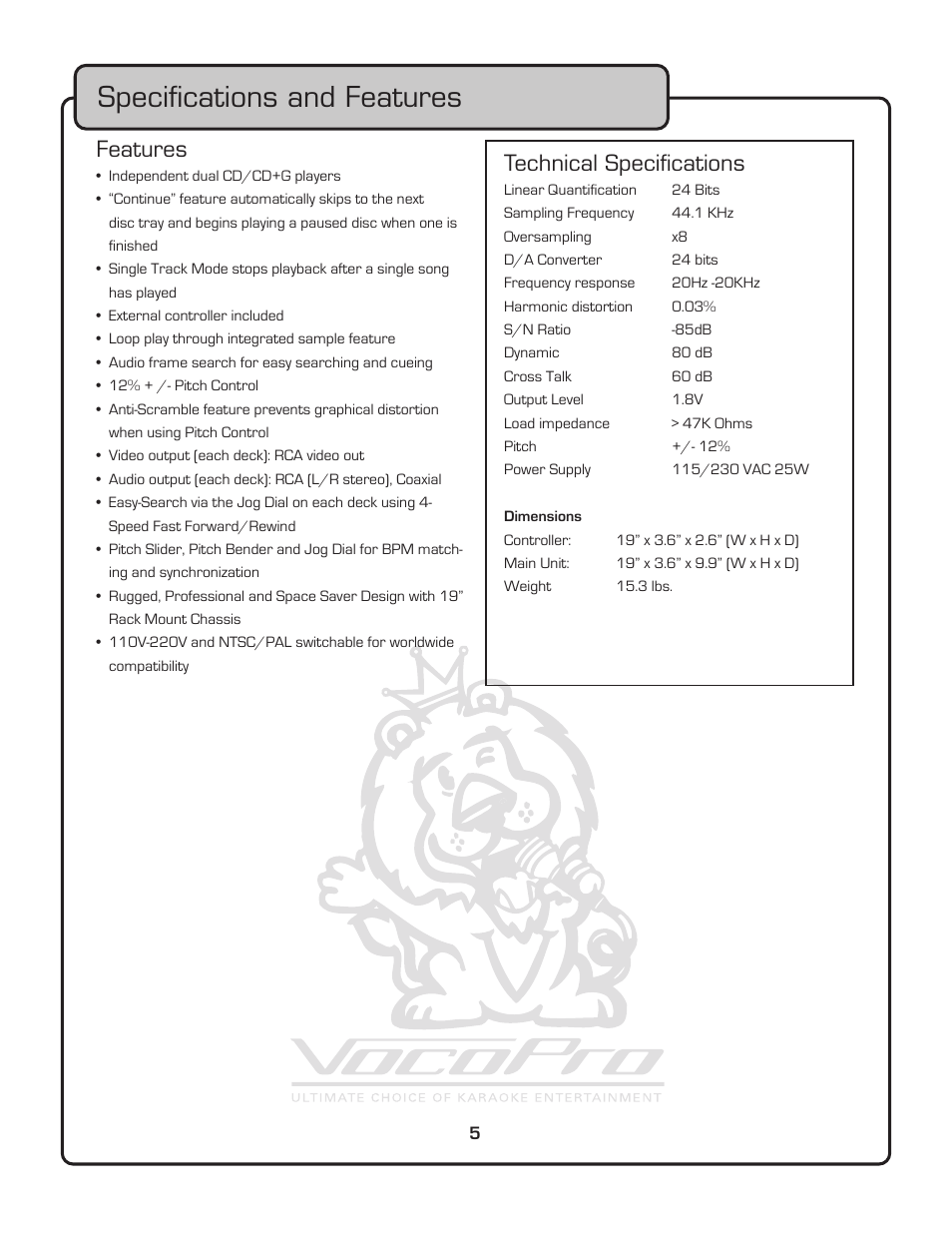 Speciﬁ cations and features, Features, Technical speciﬁ cations | VocoPro CDG-8800PRO User Manual | Page 7 / 17