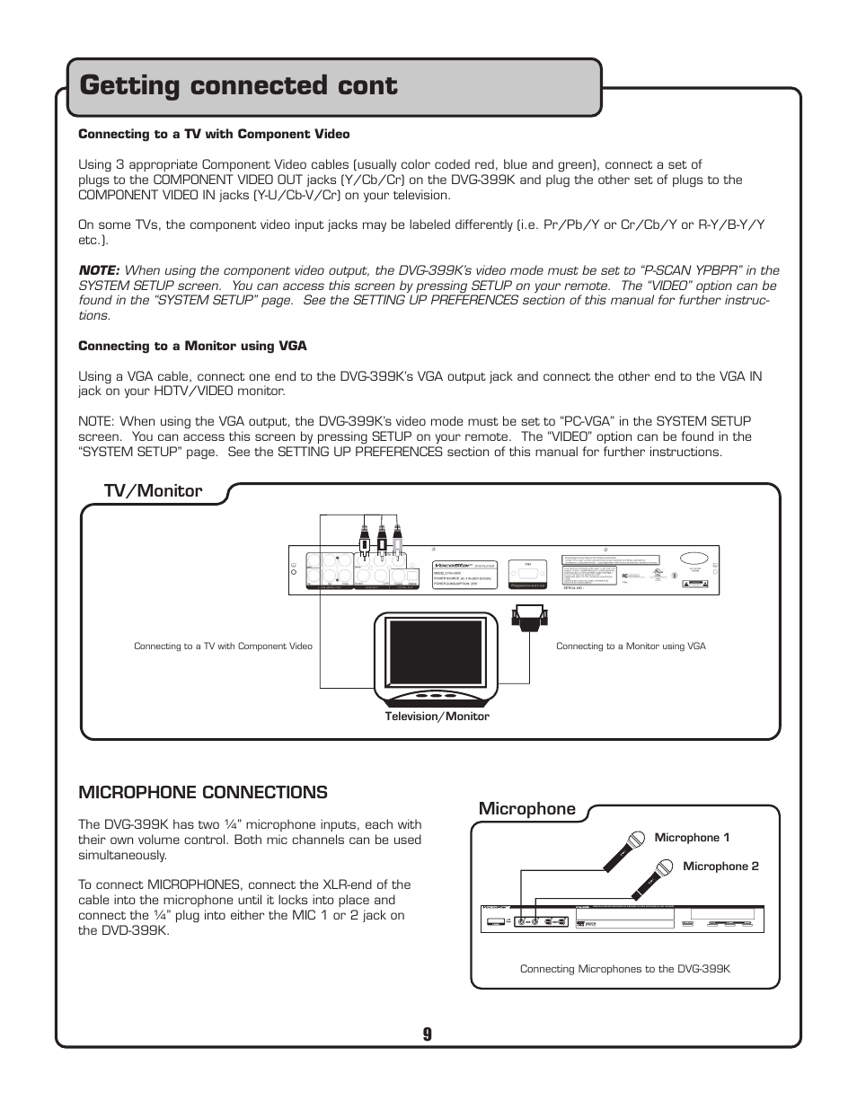 Getting connected cont, Microphone connections, Tv/monitor | Microphone | VocoPro DVG-399K User Manual | Page 10 / 27