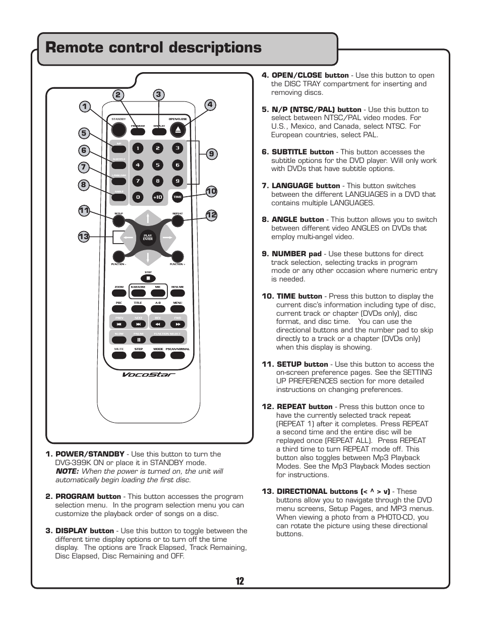 Remote control descriptions | VocoPro DVG-399K User Manual | Page 13 / 27
