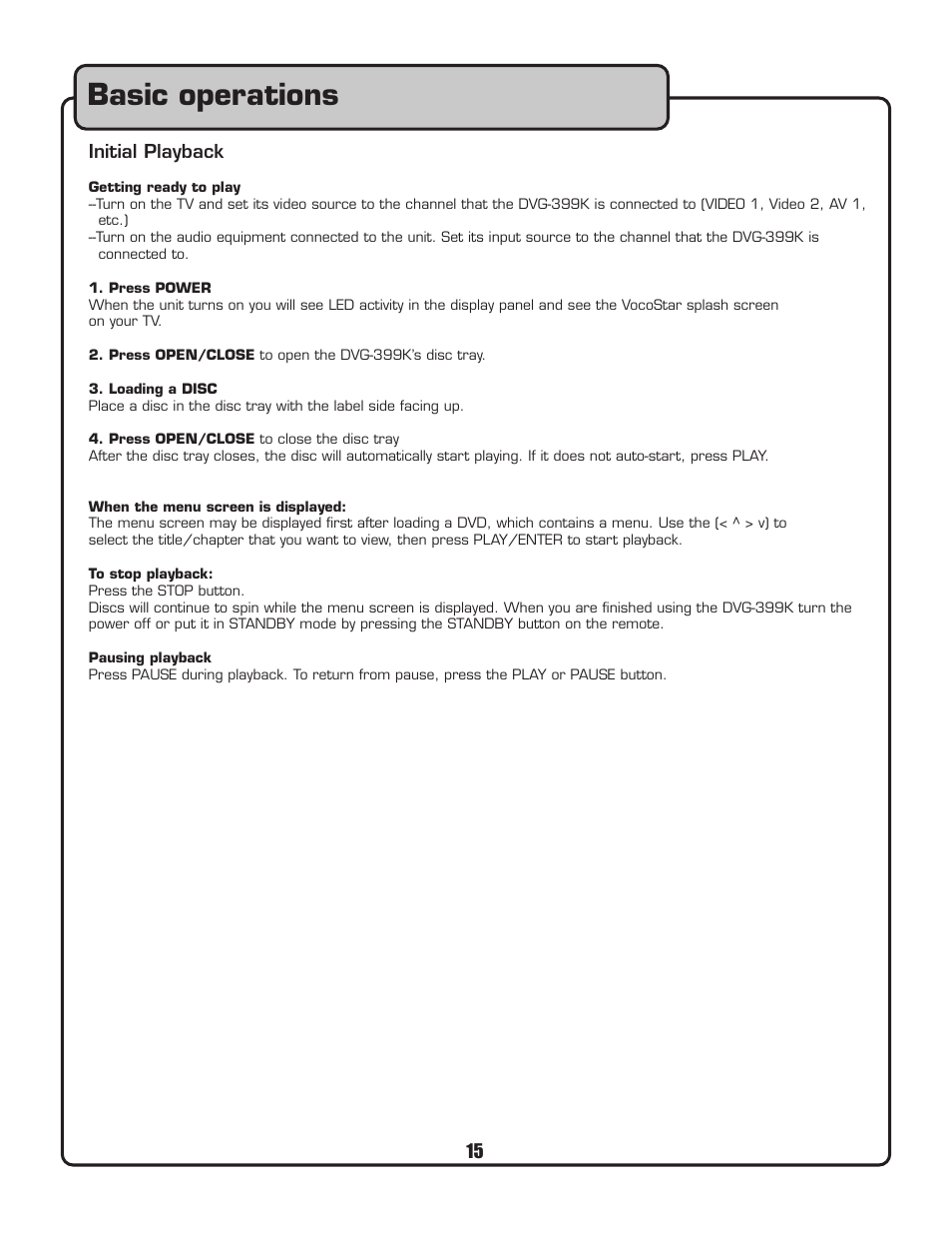 Basic operations | VocoPro DVG-399K User Manual | Page 16 / 27