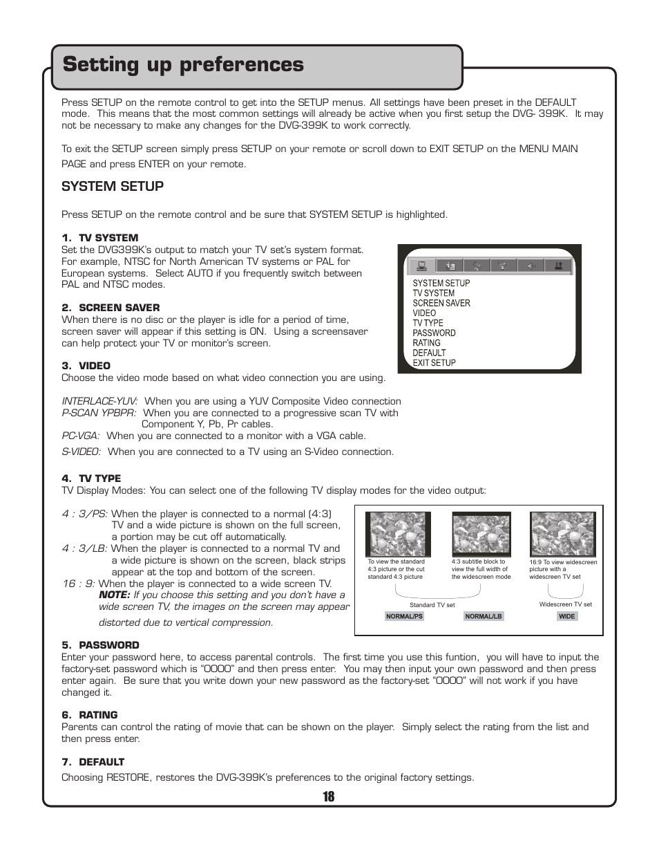 Setting up preferences, System setup | VocoPro DVG-399K User Manual | Page 19 / 27