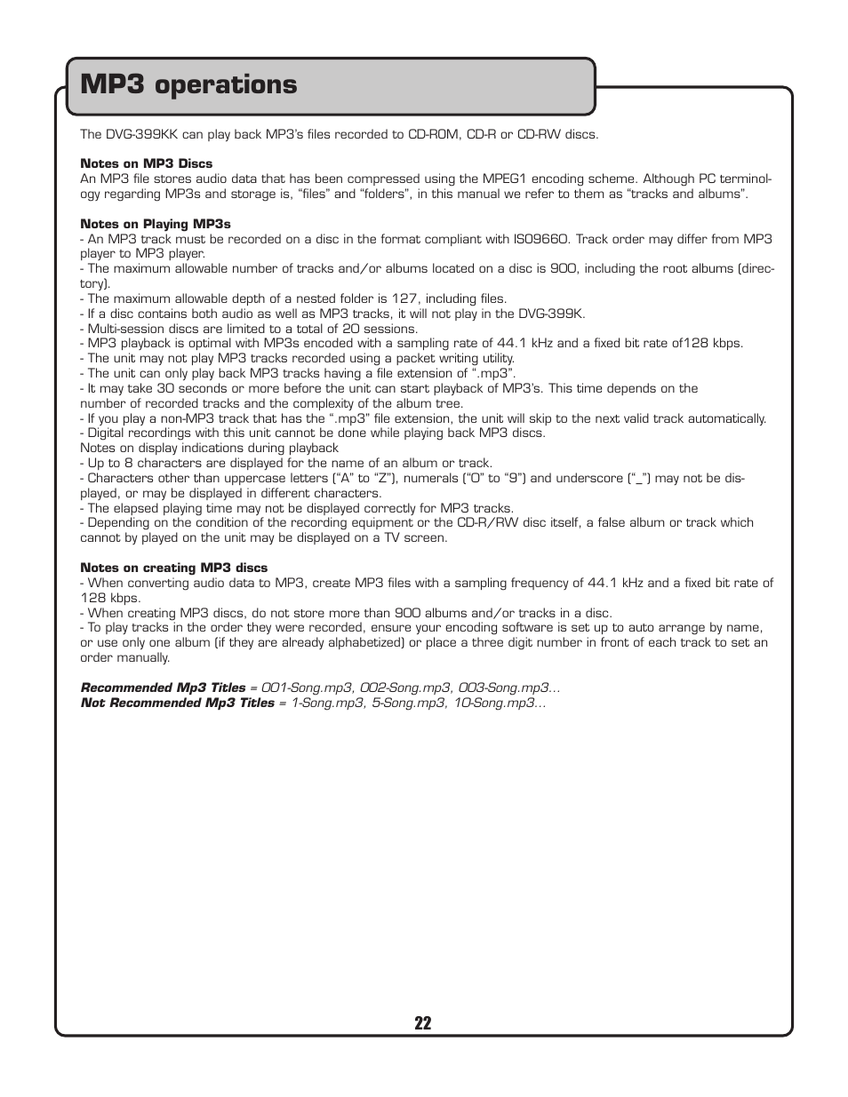 Mp3 operations | VocoPro DVG-399K User Manual | Page 23 / 27