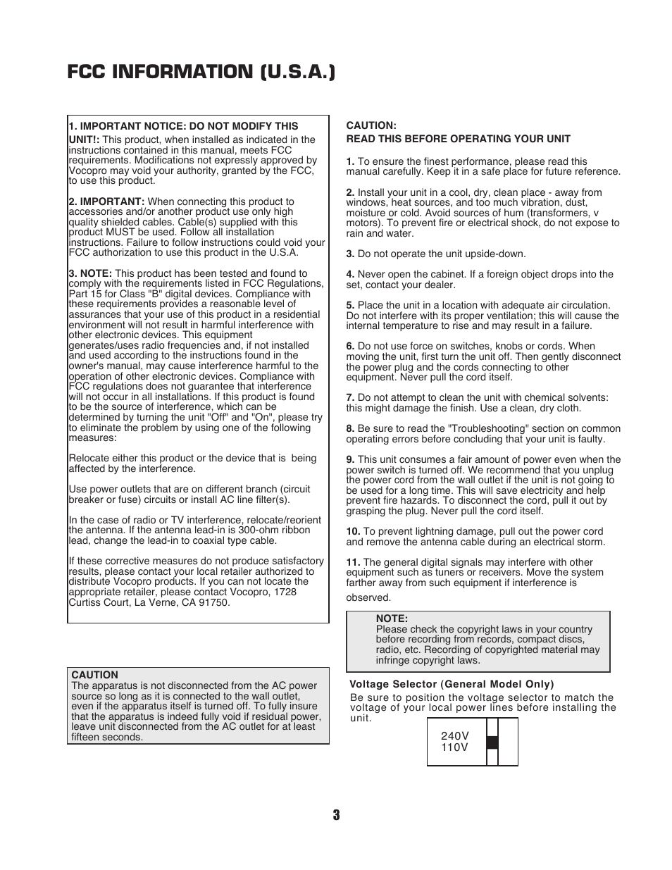 Fcc information (u.s.a.) | VocoPro DVG-399K User Manual | Page 4 / 27