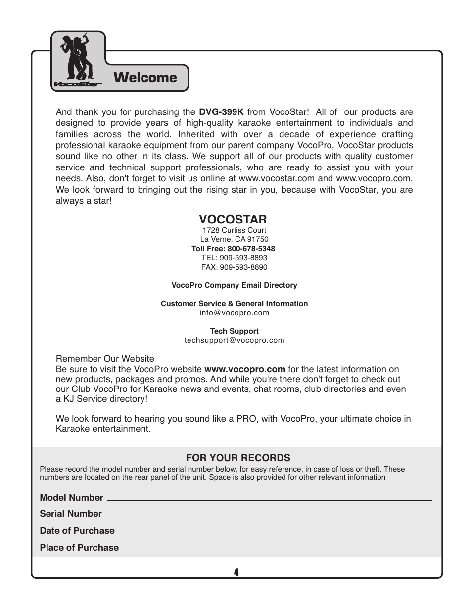 Welcome, Vocostar | VocoPro DVG-399K User Manual | Page 5 / 27