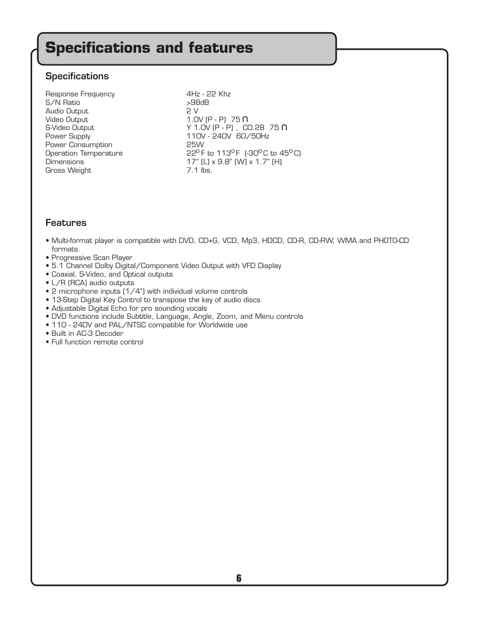 Speciﬁcations and features, Specifications, Features | VocoPro DVG-399K User Manual | Page 7 / 27