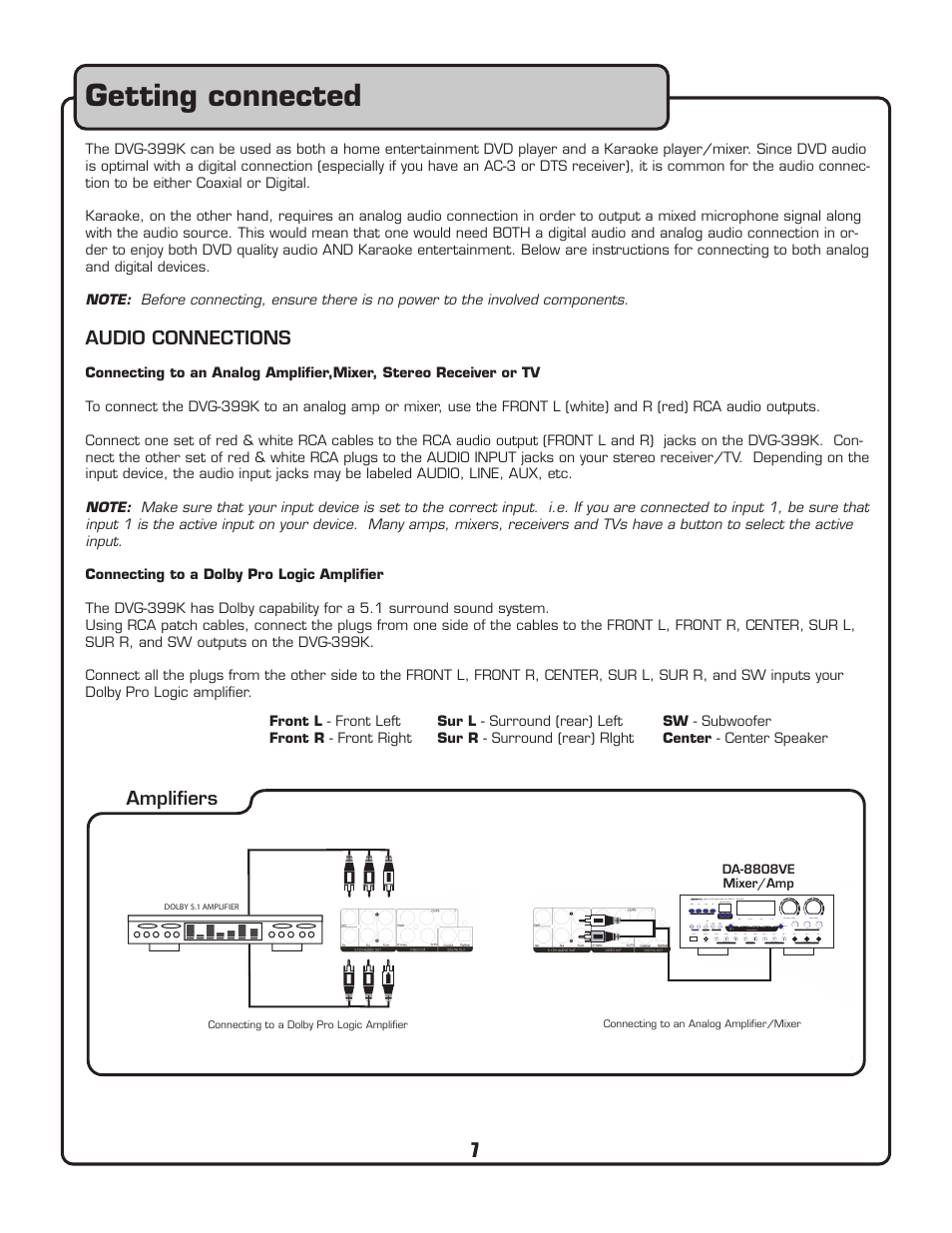 Getting connected, Audio connections, Ampliﬁers | VocoPro DVG-399K User Manual | Page 8 / 27