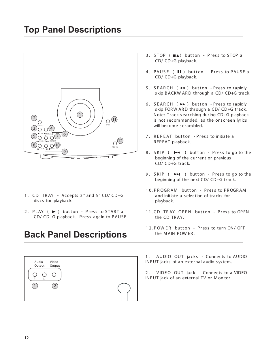 Pg-12_top_back_panel-1.pdf, Top panel descriptions back panel descriptions | VocoPro SUMO DIGITAL KARAOKE SYSTEM User Manual | Page 12 / 19