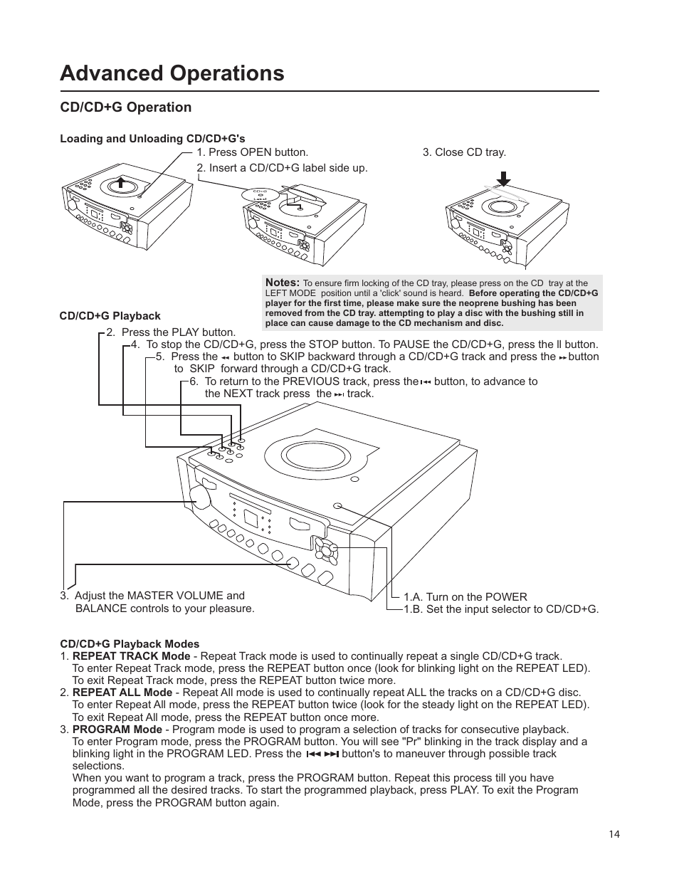 Pg-14_advance-1.pdf, Advanced operations, Cd/cd+g operation | VocoPro SUMO DIGITAL KARAOKE SYSTEM User Manual | Page 14 / 19
