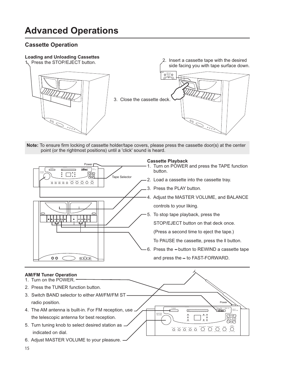 Pg-15_advanced-1.pdf, Advanced operations, Cassette operation | VocoPro SUMO DIGITAL KARAOKE SYSTEM User Manual | Page 15 / 19
