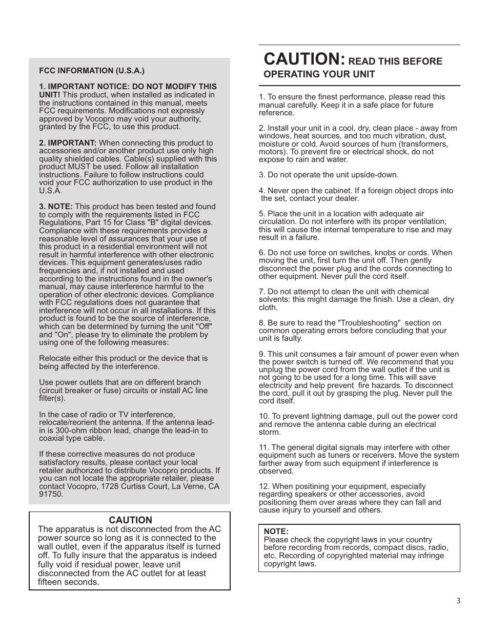 Pg-03_caution-1.pdf, Caution | VocoPro SUMO DIGITAL KARAOKE SYSTEM User Manual | Page 3 / 19
