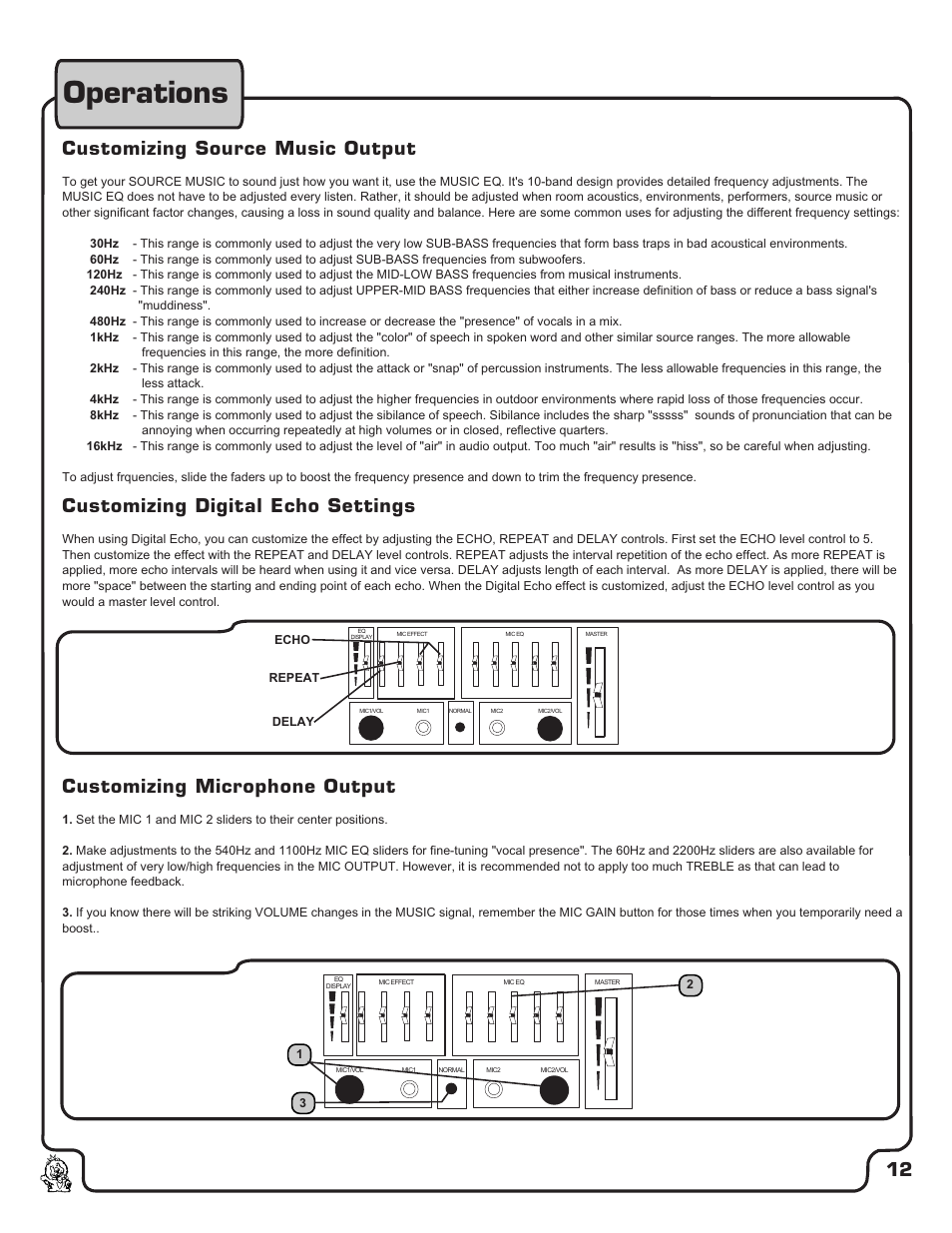 Pg 12 operations.pdf, Operations, Customizing source music output | Customizing digital echo settings, Customizing microphone output | VocoPro DA-900 User Manual | Page 13 / 14