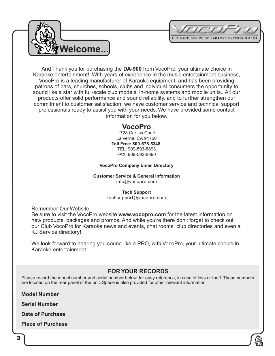 Pg 03 welcome.pdf, Welcome, Vocopro | VocoPro DA-900 User Manual | Page 4 / 14