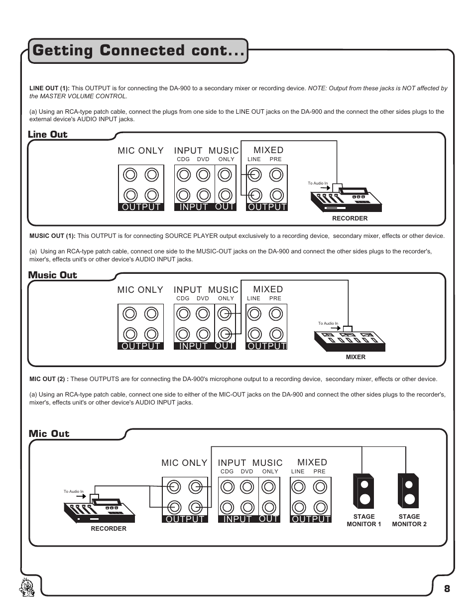 Pg 08 getting connected3.pdf, Getting connected cont, Line out mic out music out | VocoPro DA-900 User Manual | Page 9 / 14