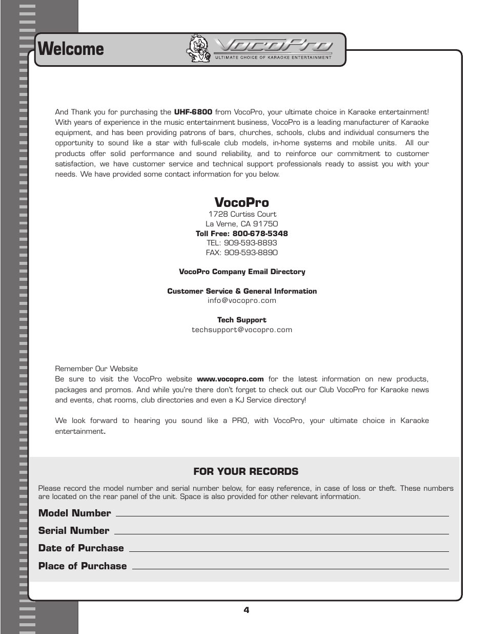 Welcome, Vocopro | VocoPro UHF-6800 User Manual | Page 5 / 21