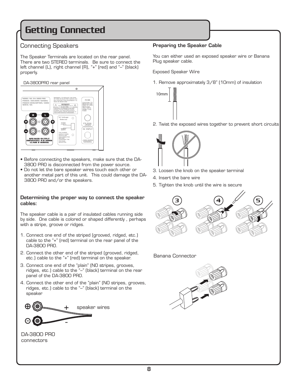 Getting connected, Connecting speakers, Preparing the speaker cable | VocoPro DA-3800 PRO User Manual | Page 10 / 28