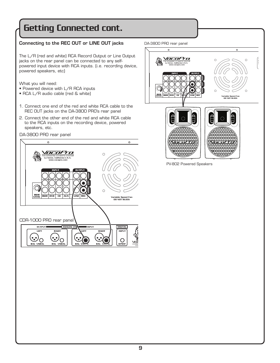 Getting connected cont, Connecting to the rec out or line out jacks | VocoPro DA-3800 PRO User Manual | Page 11 / 28